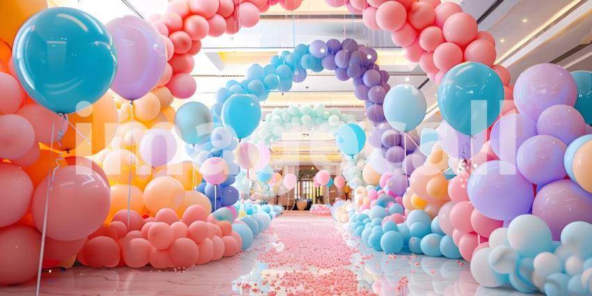 3d rendering of colorful balloons in front of the entrance to the building - Ai Generated