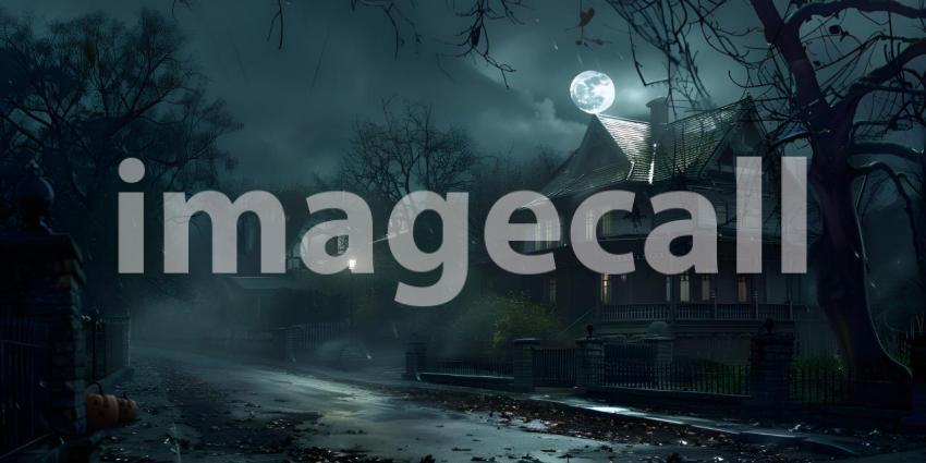 Halloween background with haunted house and full moon, Horror House - Ai Generated