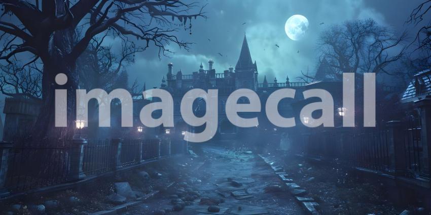 Halloween background with haunted house and full moon, Horror House - Ai Generated