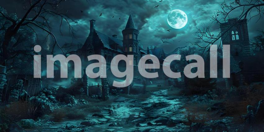 Halloween background with haunted house and full moon, Horror House - Ai Generated