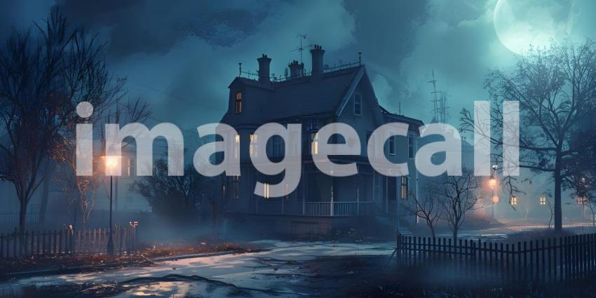 Halloween background with haunted house and full moon, Horror House - Ai Generated
