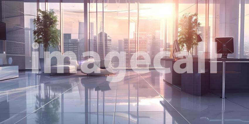 Modern office with white walls, tiled floor, white computer tables and armchair - Ai Generated