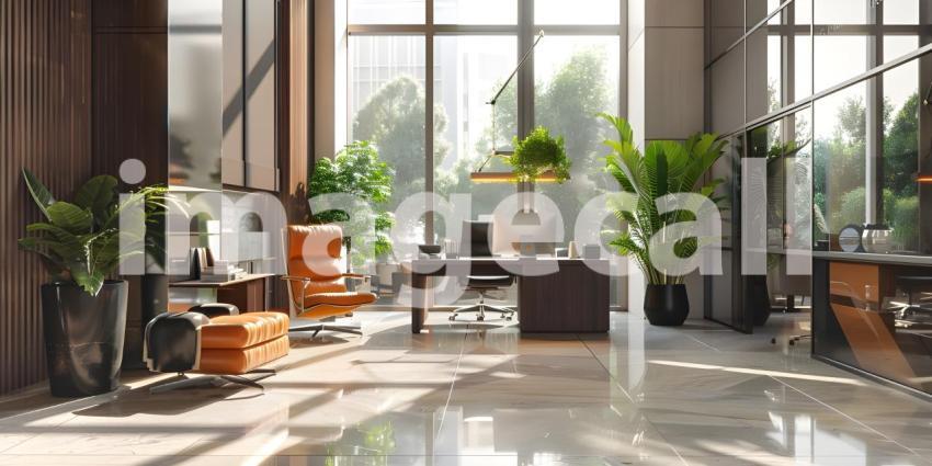 Modern office with white walls, tiled floor, white computer tables and armchair - Ai Generated