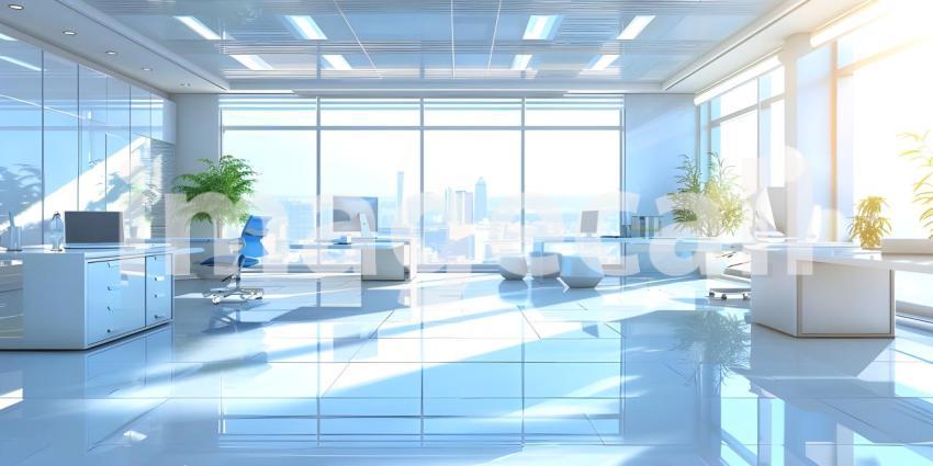 Modern office with white walls, tiled floor, white computer tables and armchair - Ai Generated