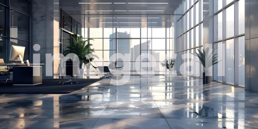 Modern office with white walls, tiled floor, white computer tables and armchair - Ai Generated