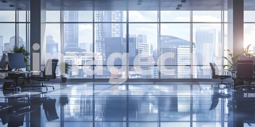 Modern office with white walls, tiled floor, white computer tables and armchair - Ai Generated