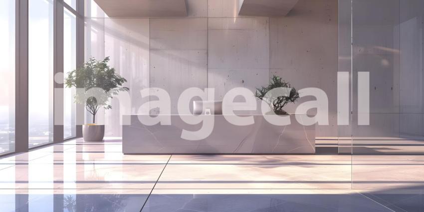 Modern office with white walls, tiled floor, white computer tables and armchair - Ai Generated