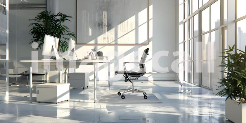 Modern office with white walls, tiled floor, white computer tables and armchair - Ai Generated