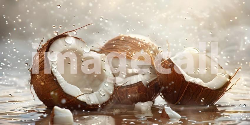 Coconut with water splashes on bokeh background, Coconut Background - Ai Generated