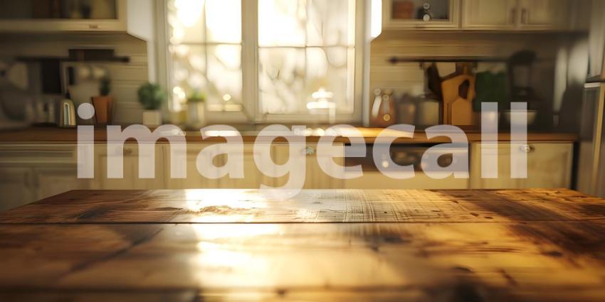 Empty wooden table and blurred kitchen interior background, product display montage - Ai Generated