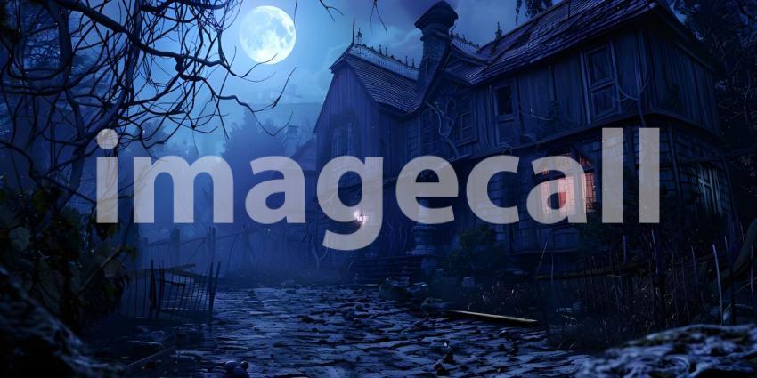 Halloween background with haunted house and full moon, Horror House - Ai Generated