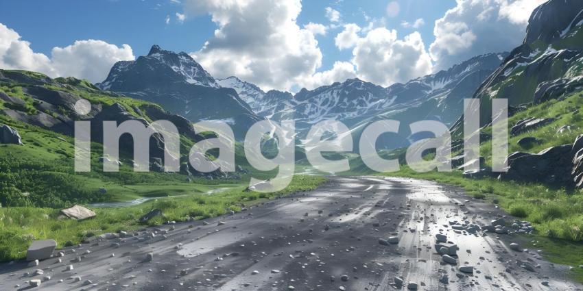 Mountain landscape with a road in the foreground, Asphalt road in the mountains - Ai Generated