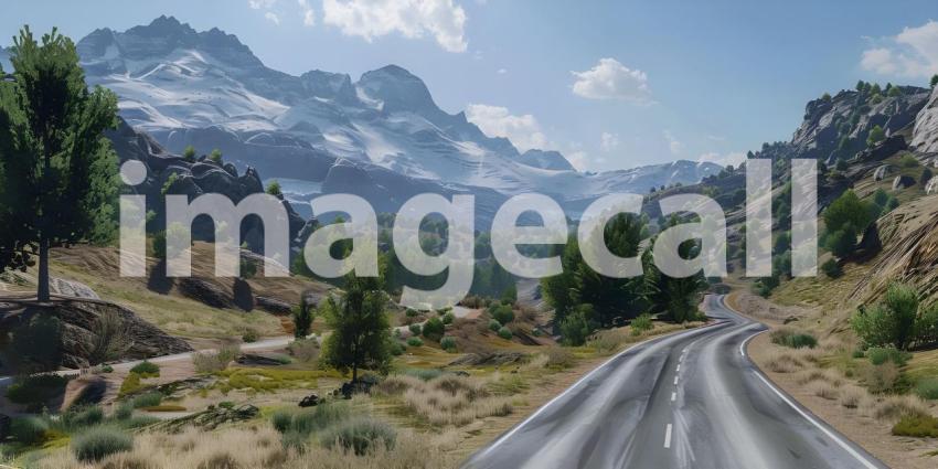 Mountain landscape with a road in the foreground, Asphalt road in the mountains - Ai Generated
