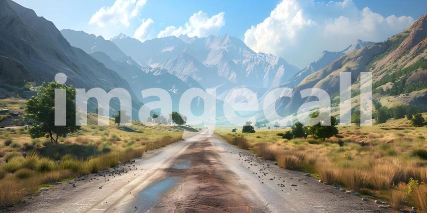 Mountain landscape with a road in the foreground, Asphalt road in the mountains - Ai Generated