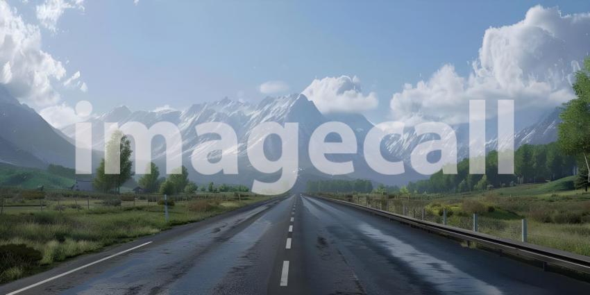 Mountain landscape with a road in the foreground, Asphalt road in the mountains - Ai Generated