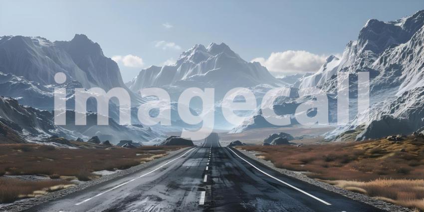 Mountain landscape with a road in the foreground, Asphalt road in the mountains - Ai Generated