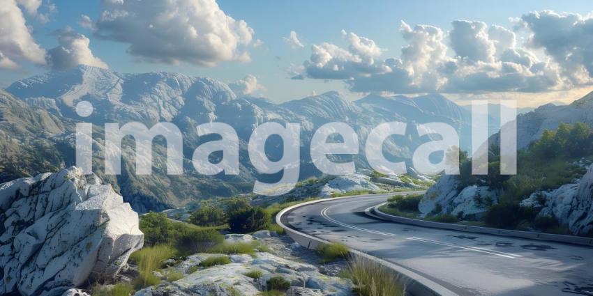 Mountain landscape with a road in the foreground, Asphalt road in the mountains - Ai Generated
