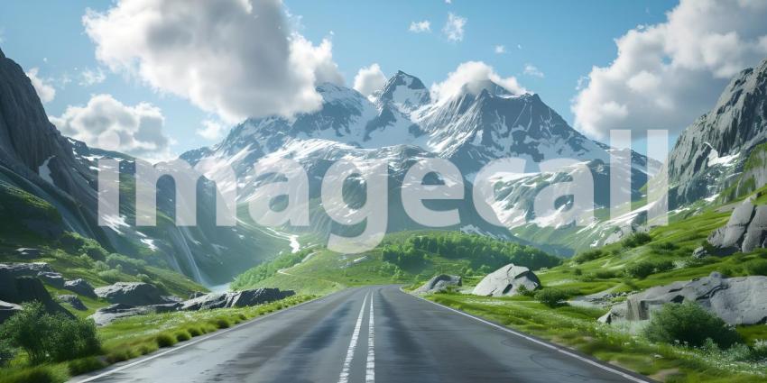 Mountain landscape with a road in the foreground, Asphalt road in the mountains - Ai Generated