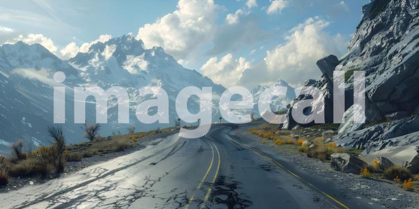 Mountain landscape with a road in the foreground, Asphalt road in the mountains - Ai Generated