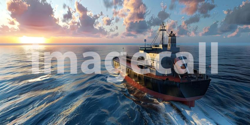 Cargo ship sailing in the sea at sunset. Large cargo ship sailing in the sea - Ai Generated
