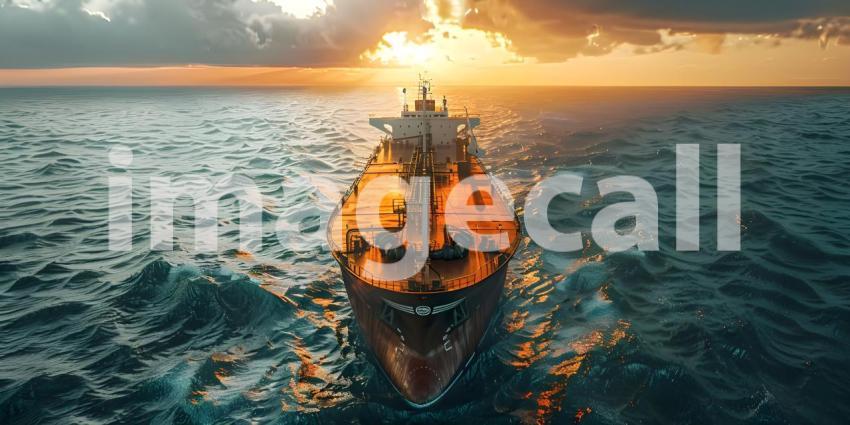 Cargo ship sailing in the sea at sunset. Large cargo ship sailing in the sea - Ai Generated