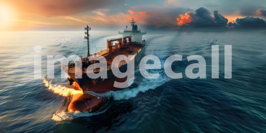 Cargo ship sailing in the sea at sunset. Large cargo ship sailing in the sea - Ai Generated