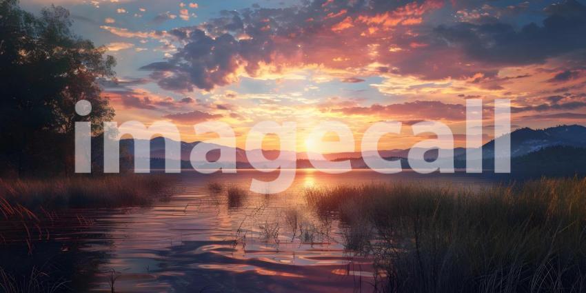 Beautiful sunset on the lake, Sunset Background, Sunset Over Ocean - Ai Generated