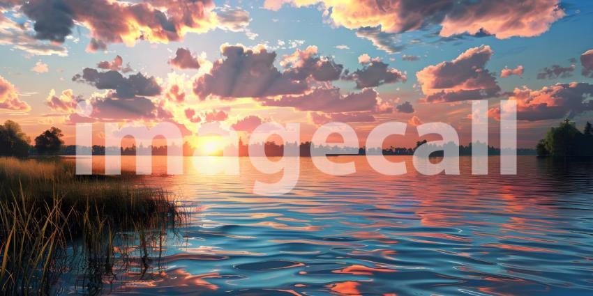 Beautiful sunset on the lake, Sunset Background, Sunset Over Ocean - Ai Generated