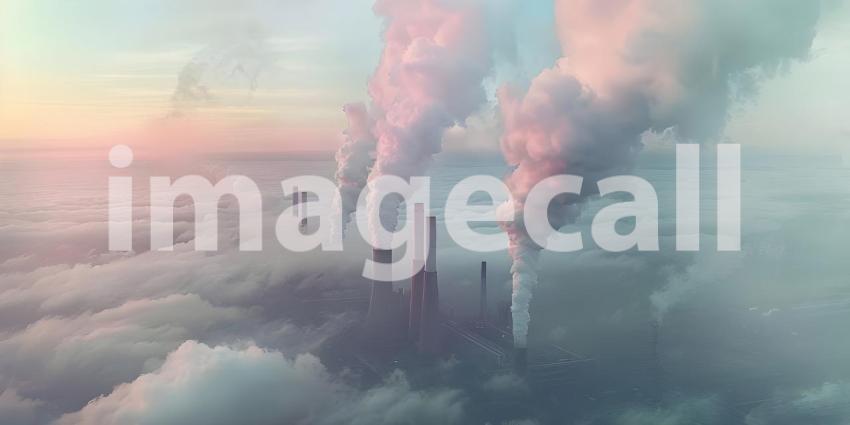 Cooling towers of nuclear power plant at sunset. Energy industry, smoking chimneys - Ai Generated