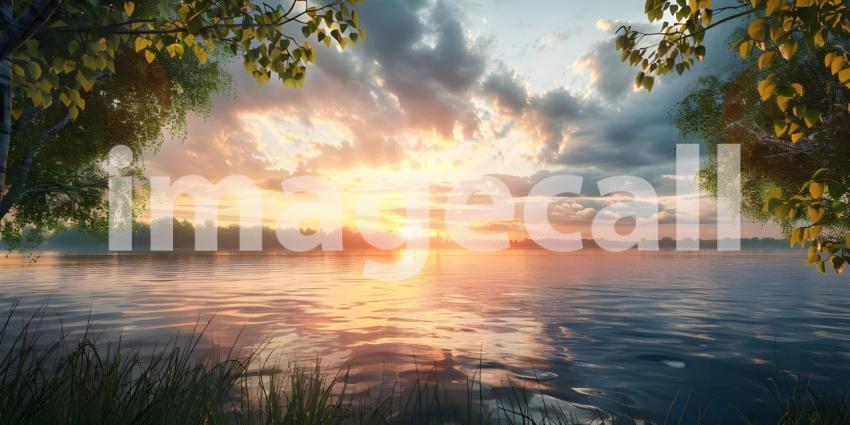 Beautiful sunset on the lake, Sunset Background, Sunset Over Ocean - Ai Generated