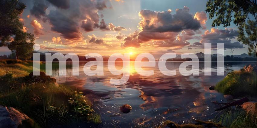 Beautiful sunset on the lake, Sunset Background, Sunset Over Ocean - Ai Generated