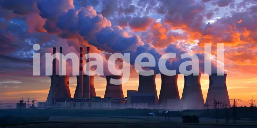 Cooling towers of nuclear power plant at sunset. Energy industry, smoking chimneys - Ai Generated