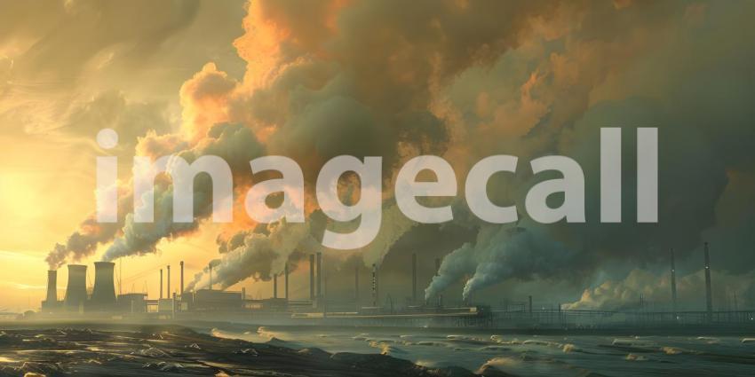 Cooling towers of nuclear power plant at sunset. Energy industry, smoking chimneys - Ai Generated