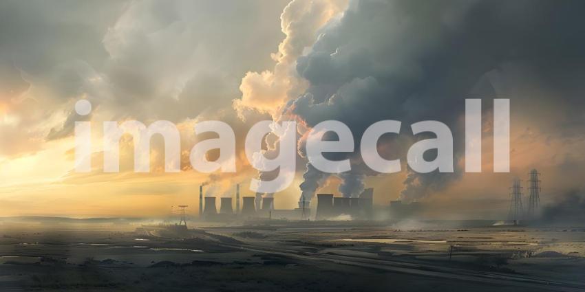 Cooling towers of nuclear power plant at sunset. Energy industry, smoking chimneys - Ai Generated