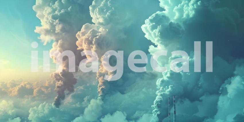 Cooling towers of nuclear power plant at sunset. Energy industry, smoking chimneys - Ai Generated