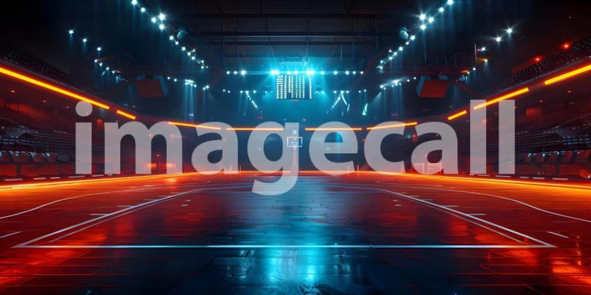Basketball arena with glowing court and high-tech illuminated stands - Ai Generated