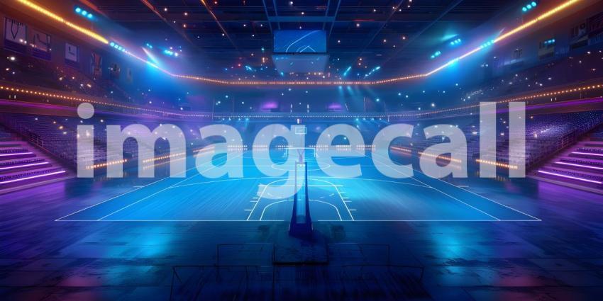 Basketball arena with glowing court and high-tech illuminated stands - Ai Generated
