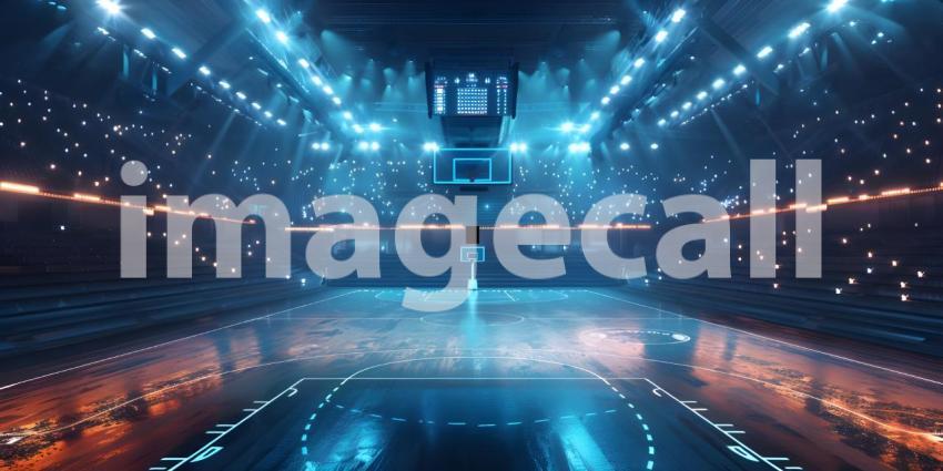 Basketball arena with glowing court and high-tech illuminated stands - Ai Generated