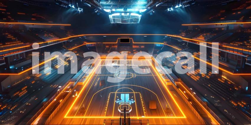 Basketball arena with glowing court and high-tech illuminated stands - Ai Generated
