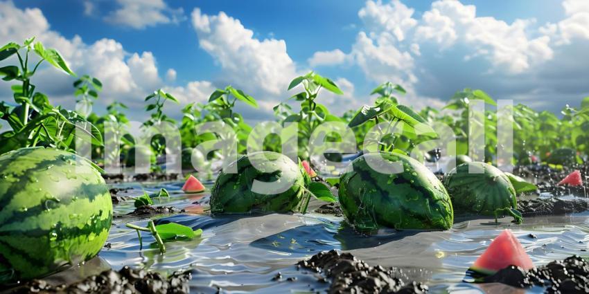 Watermelons in the watermelon field Background - Ai Generated