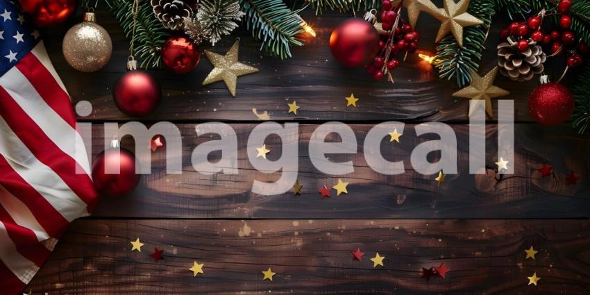 American flag with Christmas decoration on wooden table Top View - Ai Generated