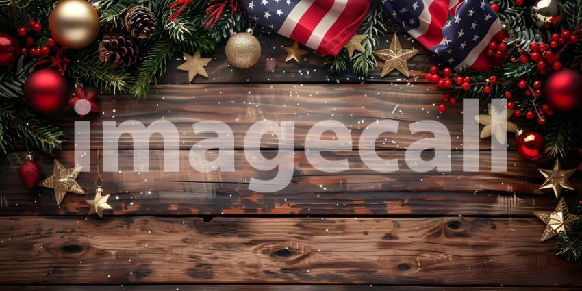 American flag with Christmas decoration on wooden table Top View - Ai Generated