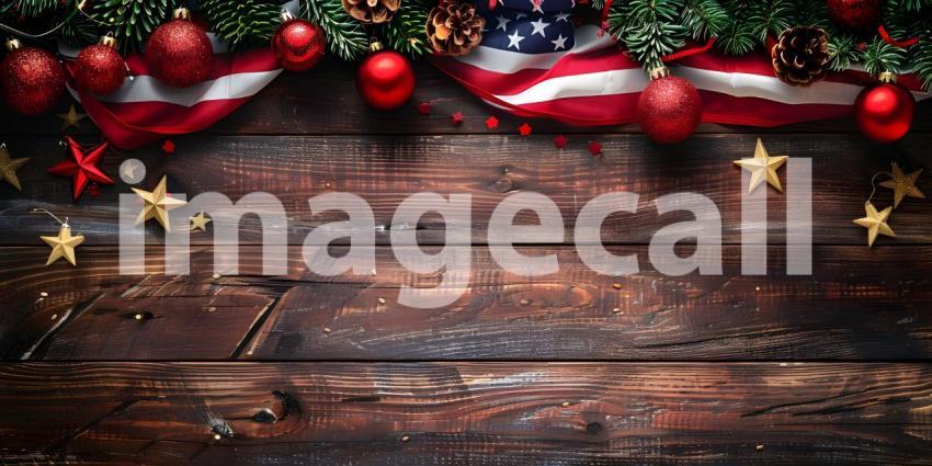 American flag with Christmas decoration on wooden table Top View - Ai Generated