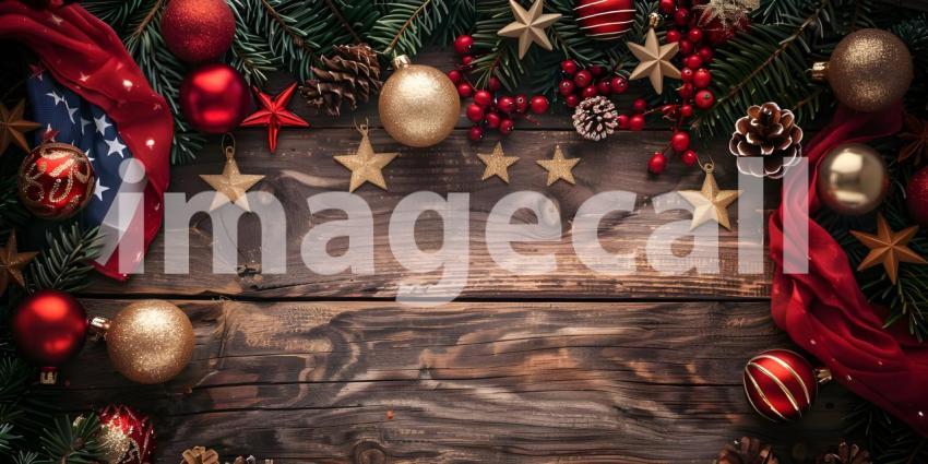American flag with Christmas decoration on wooden table Top View - Ai Generated