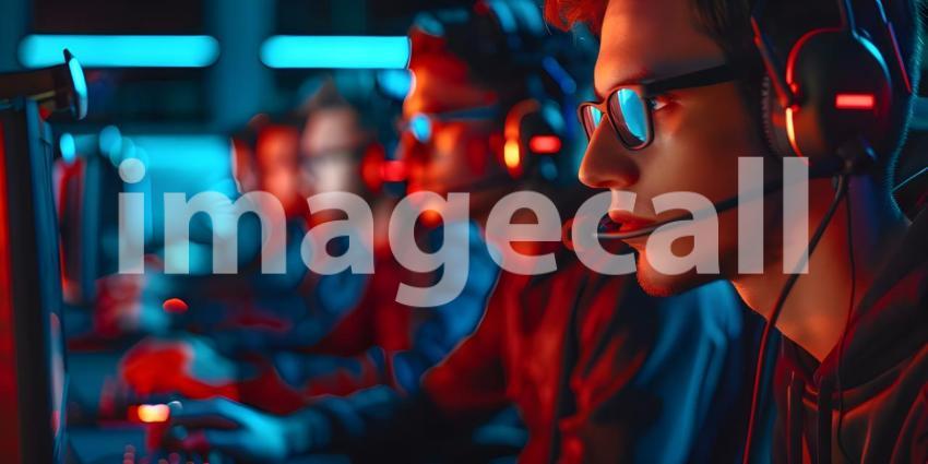 Team of focused esports gamers competes in a tournament while wearing headsets - Ai Generated