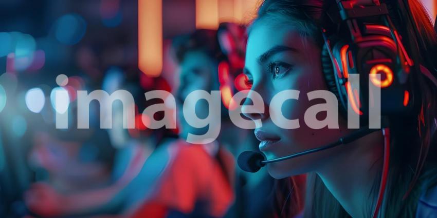 Team of focused esports gamers competes in a tournament while wearing headsets - Ai Generated