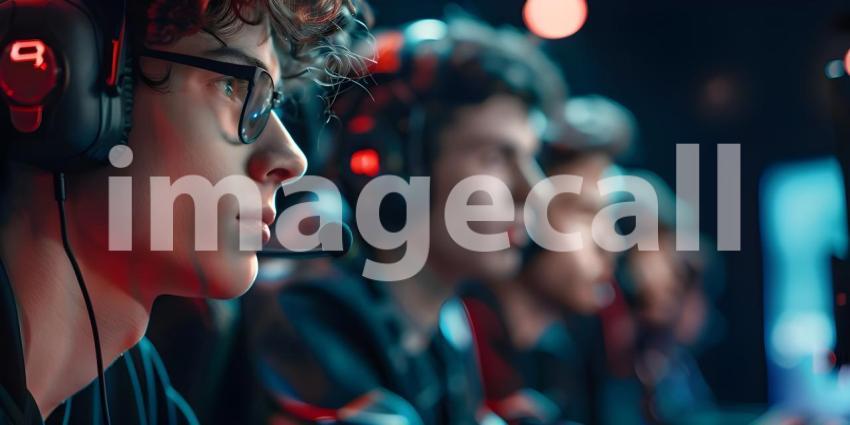 Team of focused esports gamers competes in a tournament while wearing headsets - Ai Generated