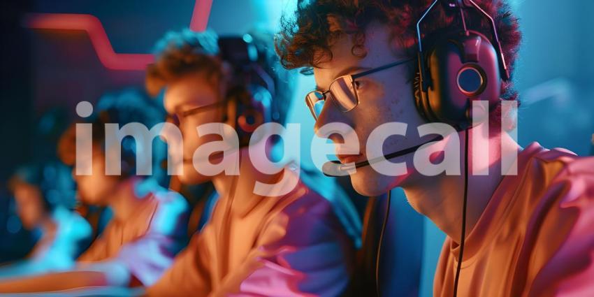 Team of focused esports gamers competes in a tournament while wearing headsets - Ai Generated