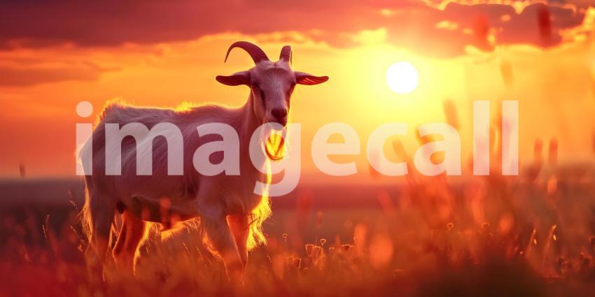 Eid al-Adha Goat Silhouetted at Sunset Background, Sunset Celebration of Eid al-Adha with Goat - Ai Generated