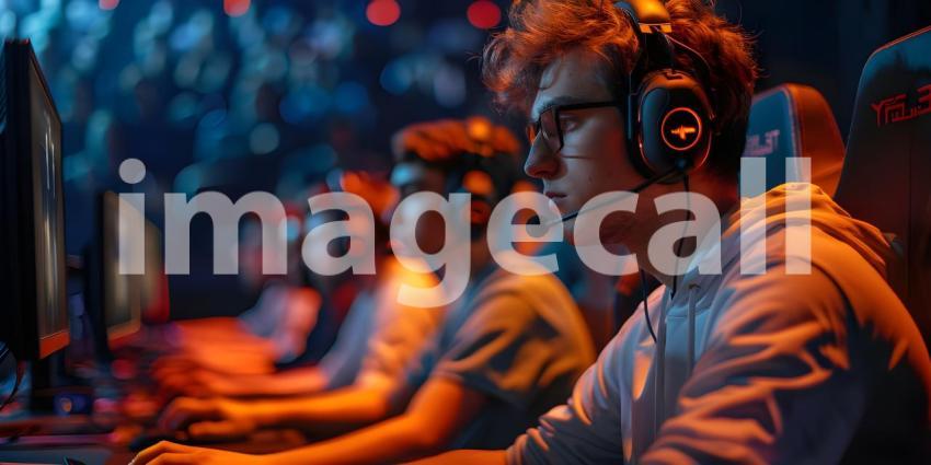 Team of focused esports gamers competes in a tournament while wearing headsets - Ai Generated